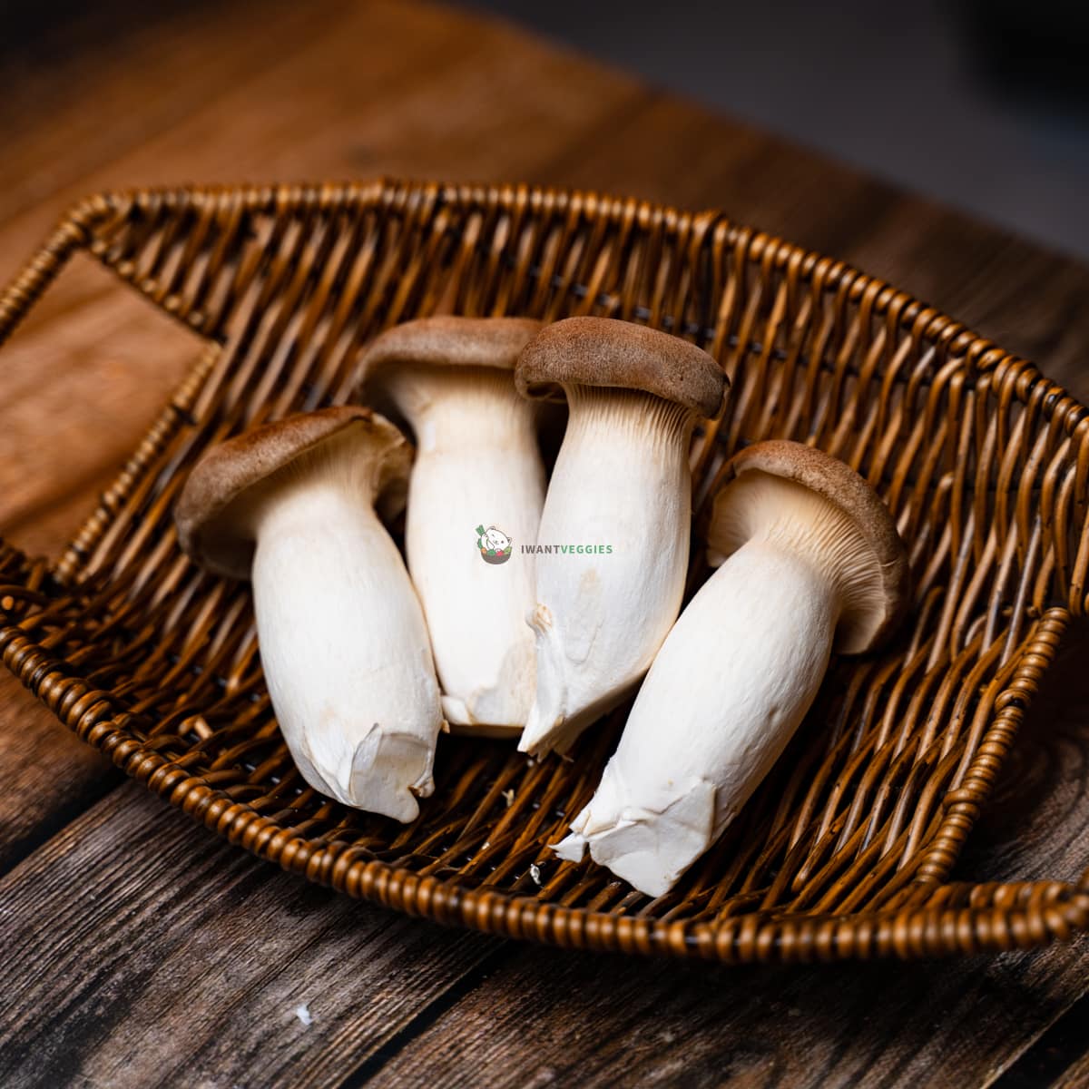 four freshly plucked erying eryngii king mushrooms laid down