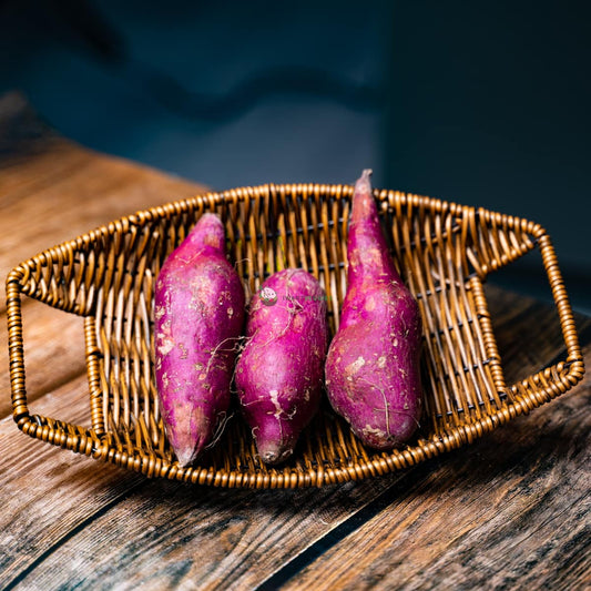 Three Japanese sweet potatoes on a wooden basket - purple skin, white flesh. A nutritious root vegetable rich in fiber and vitamins