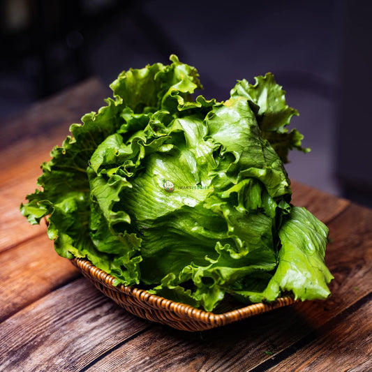 Iceberg lettuce on wooden basket. Crisp green leaves. Fresh, healthy and appetizing.