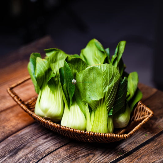 Shanghai greens on basket, on wooden surface - fresh, vibrant leaves. A nutritious and tasty leafy vegetable.