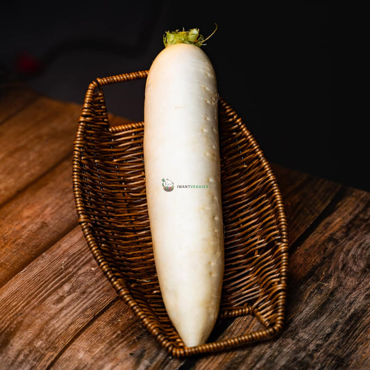White radish with green leaves on a wooden basket