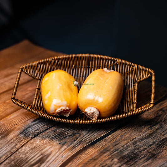 two lotus roots on basket and wood - an Asian delicacy with holes, cuts and earthy brown skin.