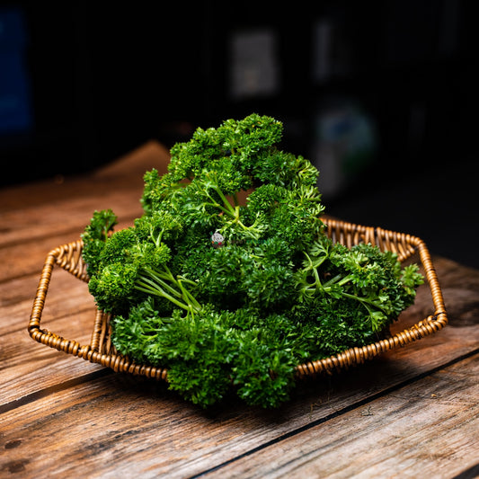A bunch of fresh English parsley sits on a wooden basket. The parsley has green leaves with feathery fronds. 