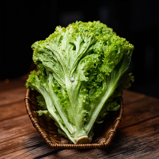 Fresh green frisée lettuce in a basket on a wooden surface, with curly leaves and a slightly bitter taste. Perfect for salads and sandwiches.